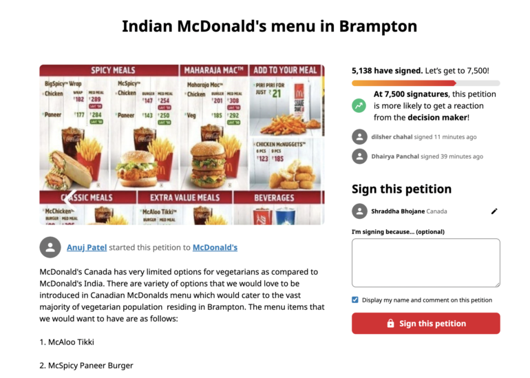 The petition demands food options from the Indian McDonald's menu.