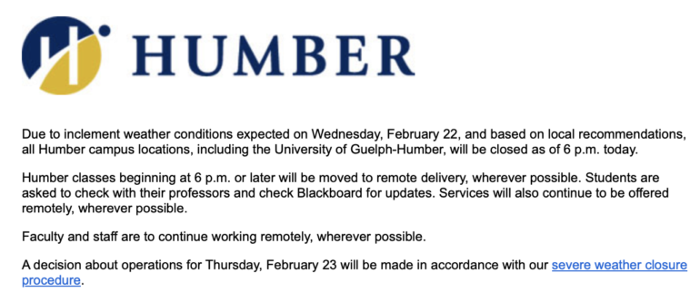 A screenshot of a mass email sent by Humber College to its students on Feb. 22, 2023, when the school announced closure before a winter storm hit.