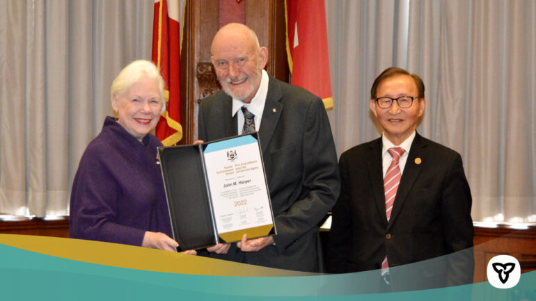 From left, Lt.-Gov. Elizabeth Dowdeswell, John Harper and Minister of Seniors and Accessibility Raymond Cho at the Ontario Senior Achievement Award ceremony where Harper was recognized for his 3500 hours of volunteer work for his community.