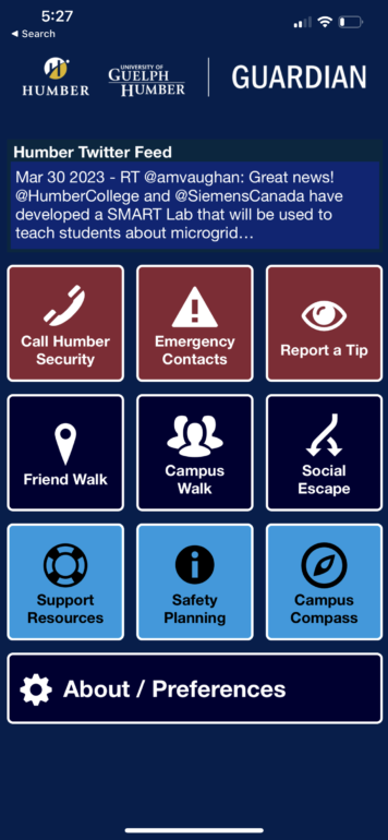 Humber Guardian app, with features like Friend Walk, Social Escape or Call Humber Security. Image taken on April 3, 2023.