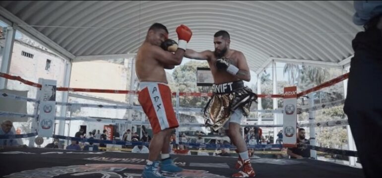Jimmy Sandhu landing a straight right jab during his professional boxing debut in Mexico City. Jimmy reigned victorious via knockout.