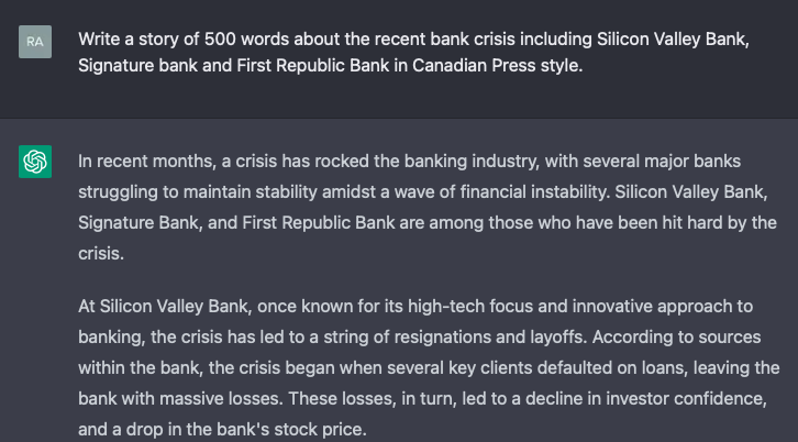 Prompt in ChatGPT used to try to recreate a story about the recent banking crisis. As its database ends at the end of 2021 it does not recognize Silicon Valley Bank and Signature Bank already collapsed.