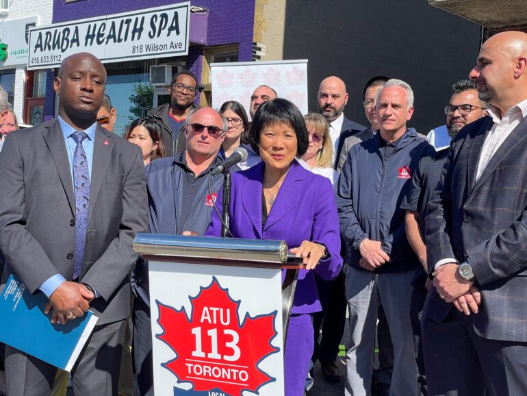 Olivia Chow (middle) made her media release at ATU Local 113, Wilson Street, on May 26, 2023. Marvin Alfred (left) announced that ATU Local 113 will be endorsing her as the next Toronto mayor.