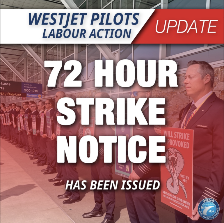 Westjet pilots picketing on May 8, 2023, one week before filing the strike notice.