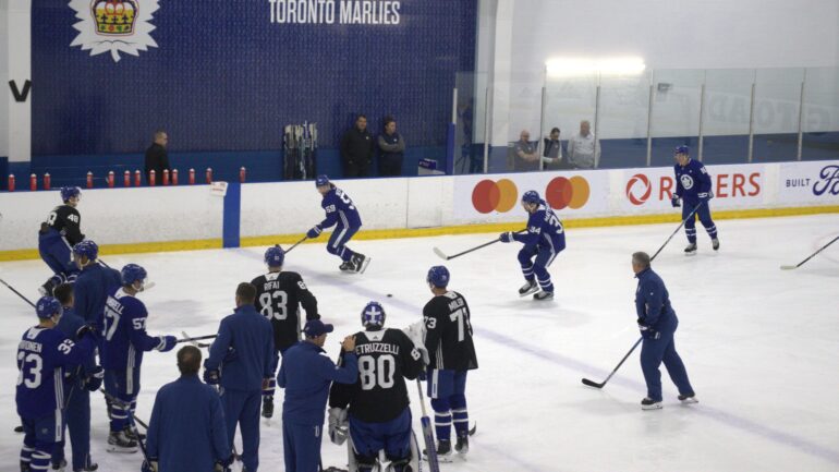 Maple Leafs first practice group going through drills.