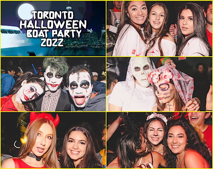 Multiple images of people dressed up for Halloween Boat Party.