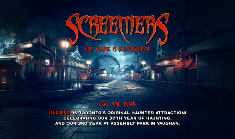 A scary carnival theme in the backgroud and the event name, "Screemers" in red text.