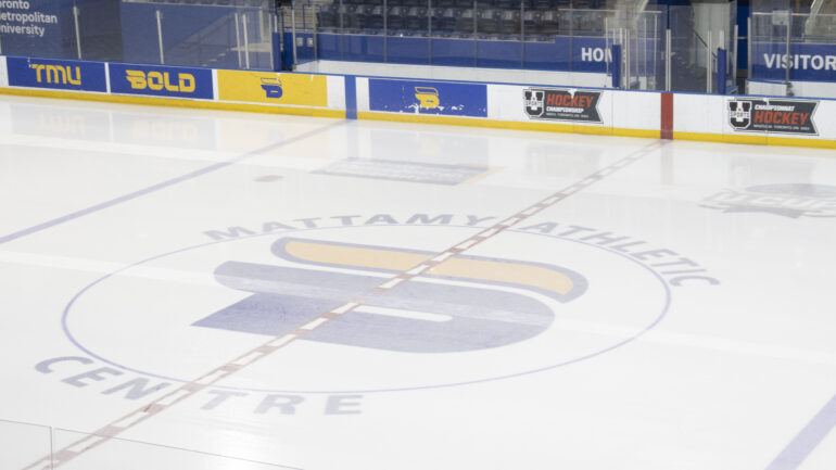 Logo of the Mattamy Athletic Centre at center ice on