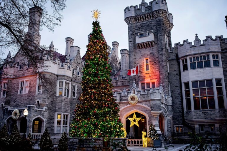 A Christmas tree with green, red and gold lights in front of a castle.