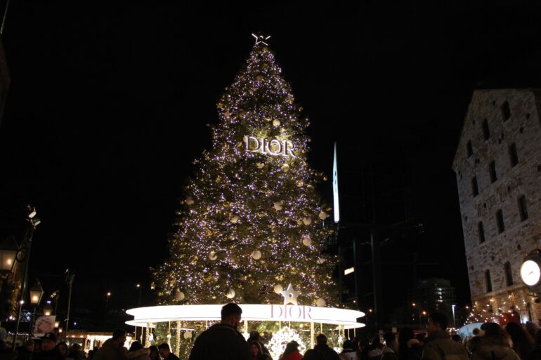 A 56-foot Christmas tree with the word, "Dior" in the middle.