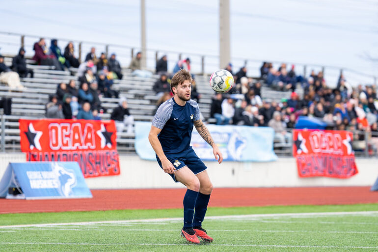 Matthew Laic is controlling the ball in the OCAA championship finals. The Conestoga Condors defeated the Humber Hawks 3-0. Image courtesy Humber Hawks/Kyle Gilmor.