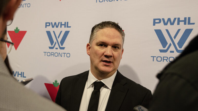 PWHL Toronto head coach Troy Ryan faces the media after a 5-1 loss to Ottawa.