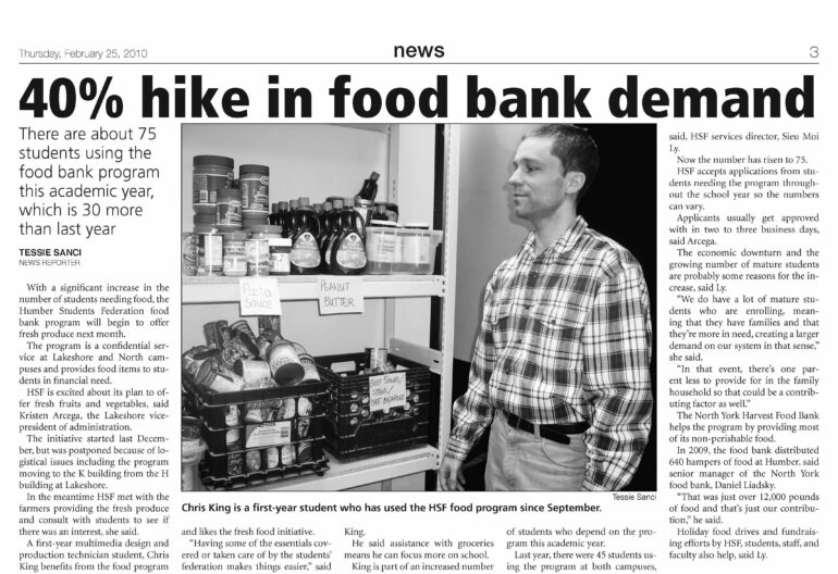 A clipping from an Et Cetera issue published on Feb. 25, 2010 shows the campus food bank on Humber College North campus.