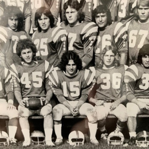 Team photo featuring Humber football alumni #15 Sandy Poce. Metro Toronto Bowl all-star game at Varsity Stadium in June of 1973.