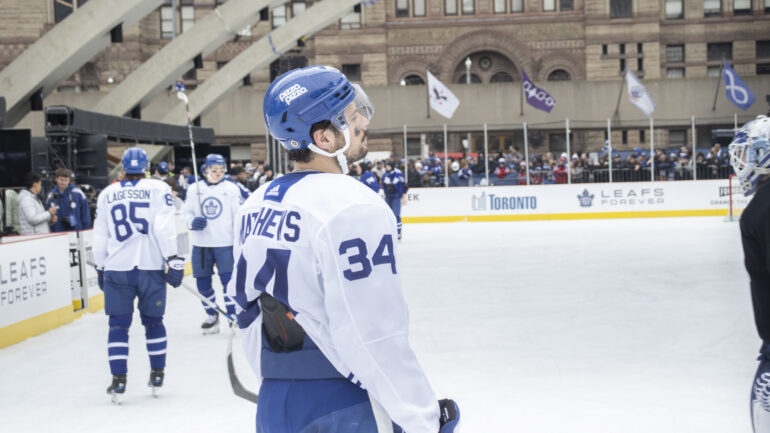 Auston Matthews during warmups at Maple Leafs outdoor practice at Nathan Phillips Square on February 8th.
