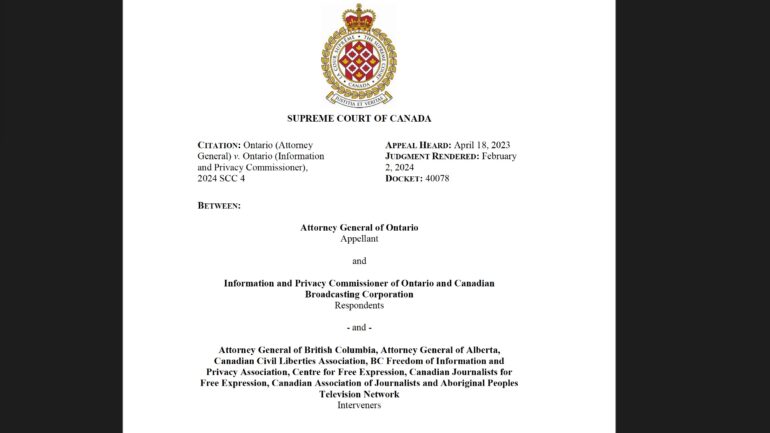 Screenshot of the first page of Supreme Court's judgement/ruling document about Doug Ford's mandate letters.