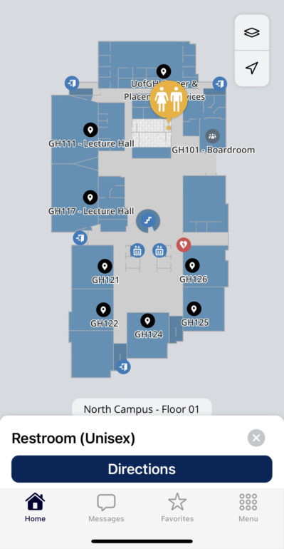 A screenshot from Humber's Campus Connect app shows a unisex restroom on the University of Guelph-Humber campus.