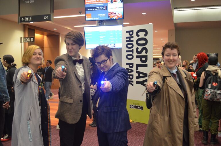 A group of cosplayers as the different doctors