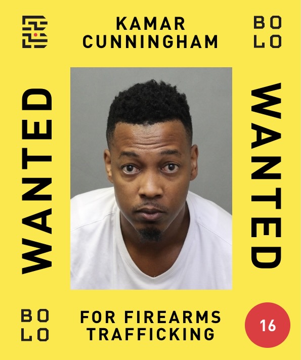 Bolo Image of a wanted man, Kamar Cunningham for firearms trafficking.