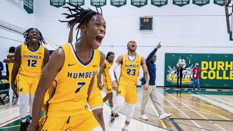 The moment when the final buzzer went off, signifying the Hawks as OCAA champions.