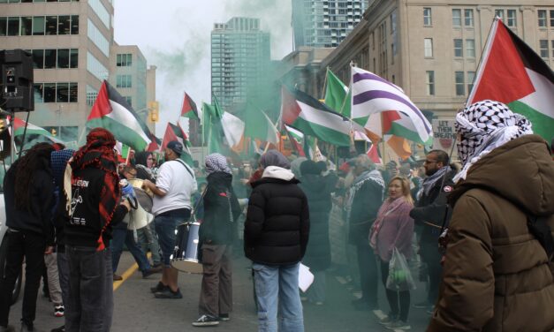 Palestinian supporters rally at Bay and Front