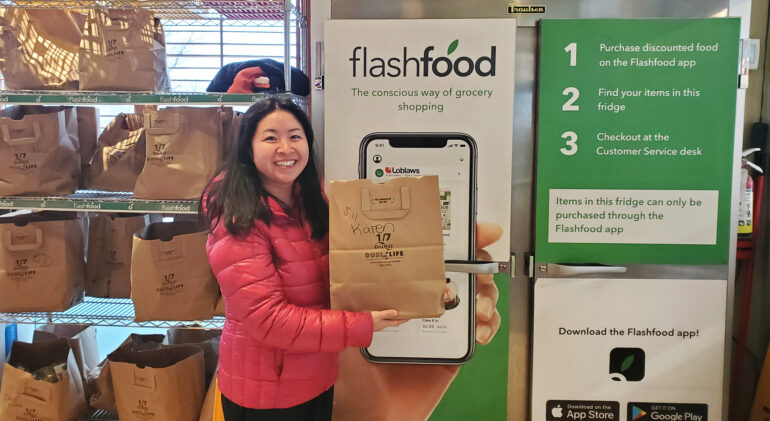 Karen Mak picks up her Flashfood haul from Loblaws in Richmond Hill on April 16.