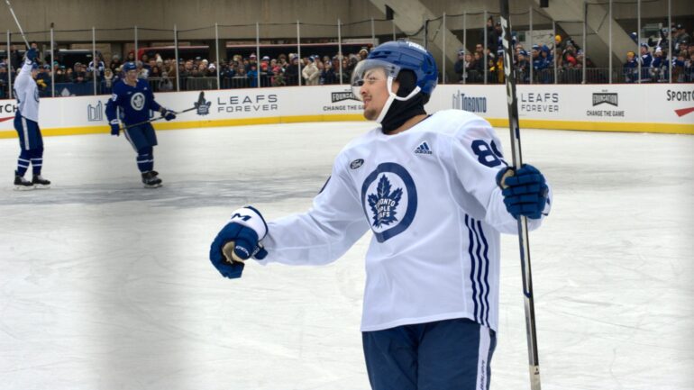 Nick Robertson celebrating a goal during the Maple Leafs outdoor practice at Nathan Philips Square on Feb, 8. He is expected to be among the young Leafs the team will rely on for depth scoring in the NHL playoffs which being April 20.