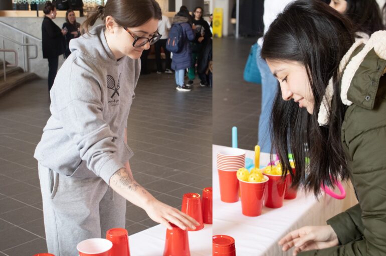 two people in two different photos playing a cup flipping game