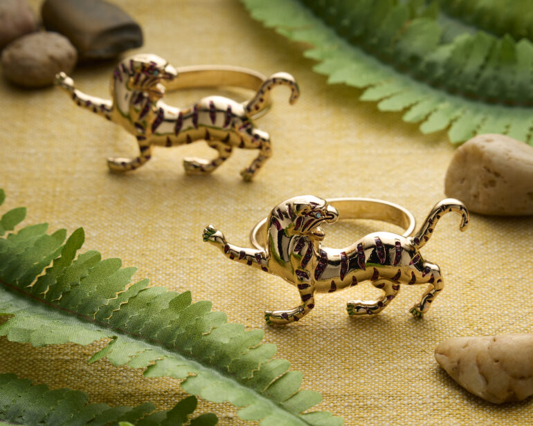Two gold rings with tigers on a background of fabric, rocks, and foliage