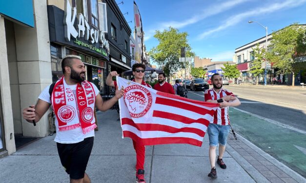 Olympiacos fans celebrate first European trophy for a Greek team on Danforth