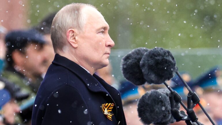 Russian President Vladimir Putin addresses the 79th annual Victory Day parade in Moscow's Red Square. May 9, 2024.