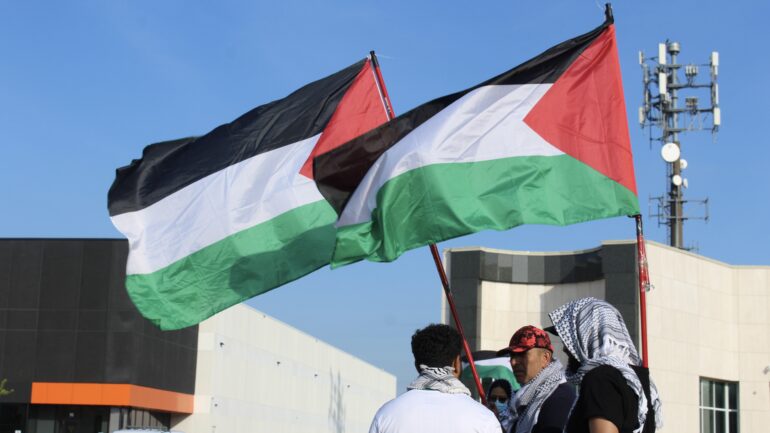Protesters holding Palestinian flags at the protest site in Brampton outside the Banquet Hall where Miller's fundraiser was being held on June 3.