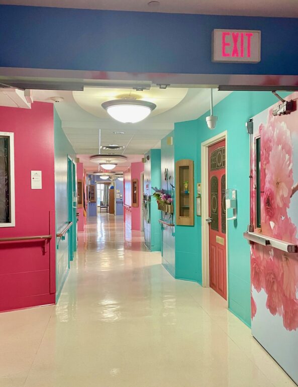 A hallway at the Rekai Centre shows brightly painted walls as a part of its emotional-based initiative.
